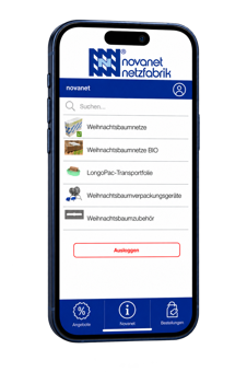 NovaApp von NOVANET auf einem Smartphone mit Übersicht der Produktkategorien